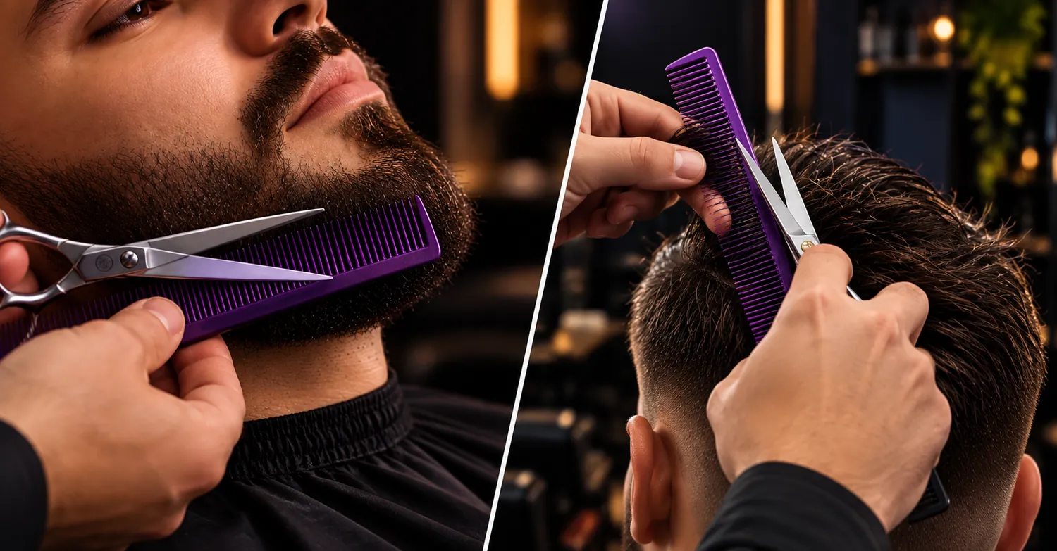 Barbeiro aparando a barba com tesoura e pente