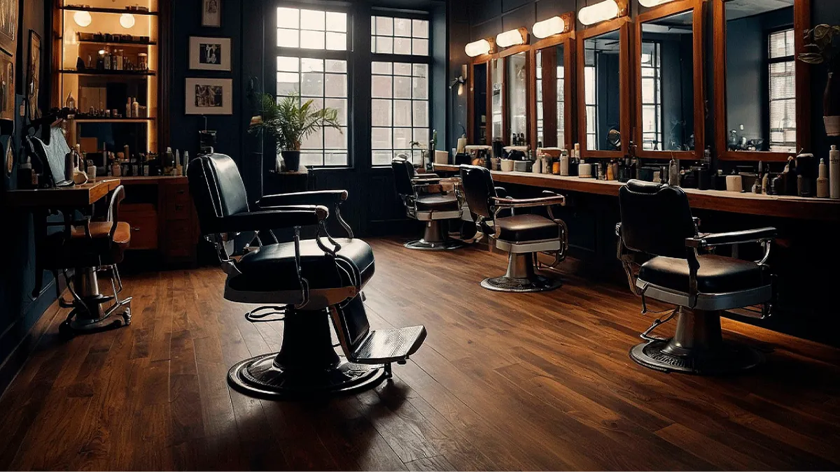 Interior da barbearia com cadeiras clássicas